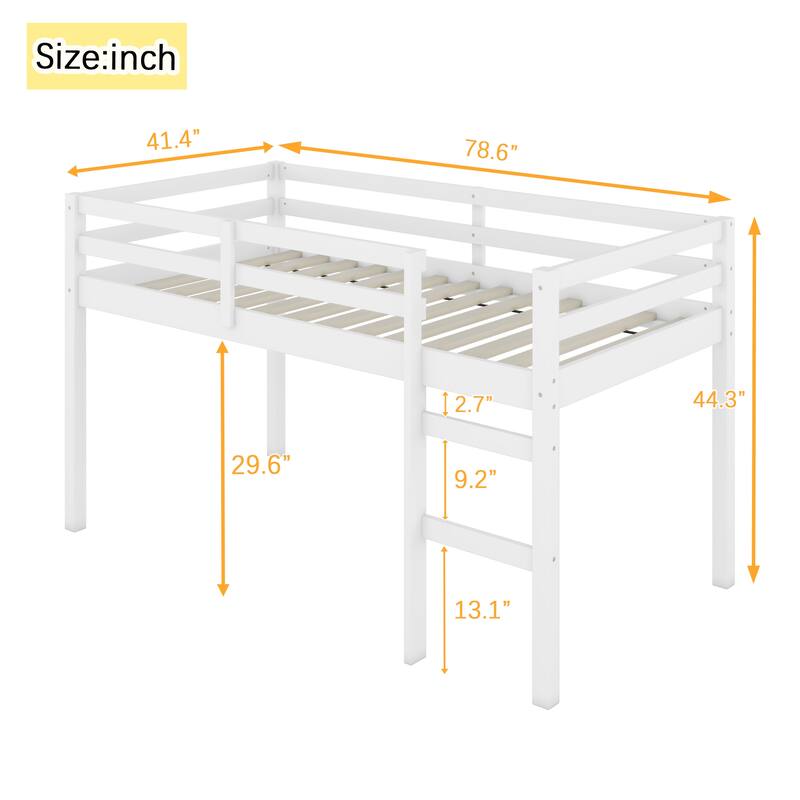 White Twin Loft Bed with Ladder and Strengthened Slats, Rubber Wood and Plywood, Low Height Design, Ample Storage Space