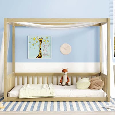 Full Size Canopy Frame Floor Bed with Fence, Guardrails,Natural