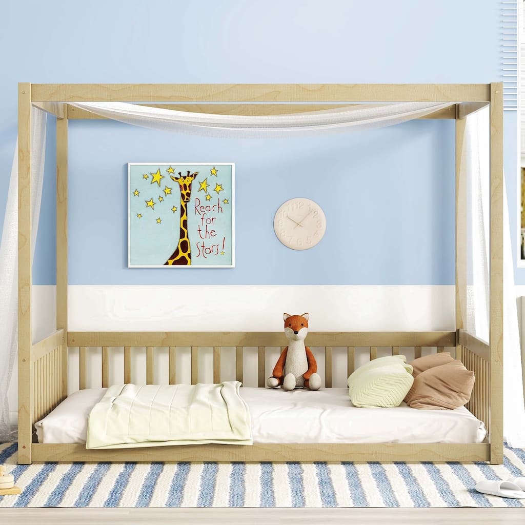 Full Size Canopy Frame Floor Bed with Fence, Guardrails,Natural