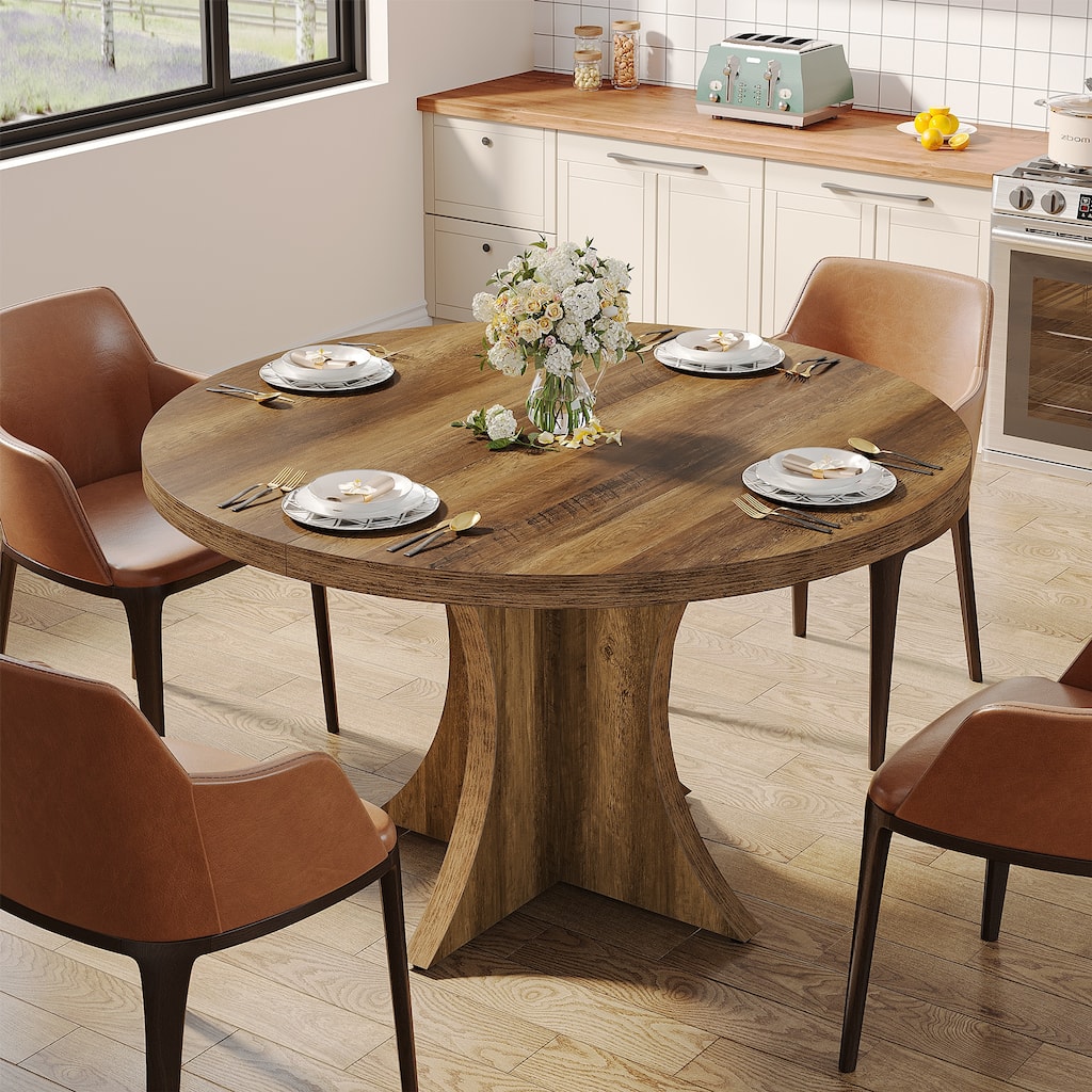 47-Inch Round Dining Table for 4-6 People, Farmhouse Wood Kitchen Table - 47.24"D x 47.24"W x 29.92"H