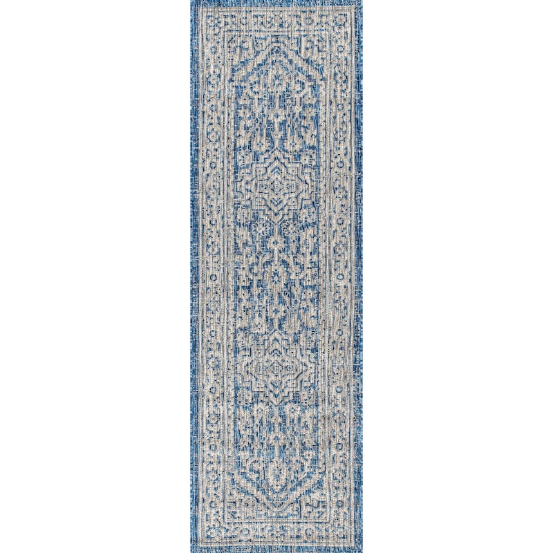 JONATHAN Y Rozetta Medallion Textured Weave Indoor/Outdoor Area Rug - 2 X 8 - Navy/Gray