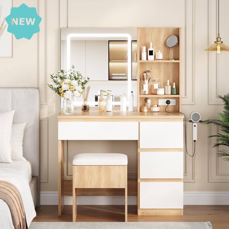 Vanity Desk with LED Mirror, Charging Ports, Storage Stool, Drawers, Hair Dryer Holder - Khaki