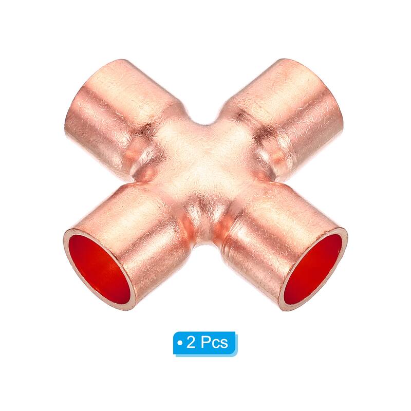 2pcs 1/2 Inch ID Copper Cross Pipe Fitting 4 Way Copper End Feed Equal Connector - Copper Tone