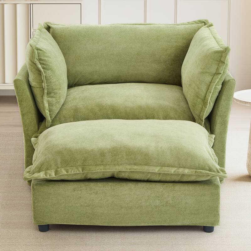 47" Cozy Upholstered Armchair with Movable Ottoman, Wide Seat, Curved Armrests and Soft Pillows