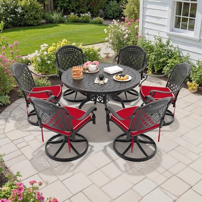 7-Piece Aluminum Round Outdoor Patio Dining Set, 6 Cushioned Swivel Chairs, Table, All-Weather Frames