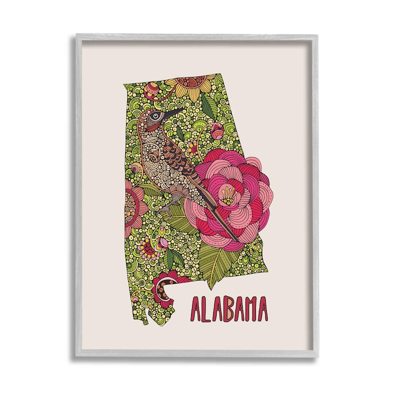 Stupell Intricate Alabama Camellia Flower Bird Detailed Pattern Framed Wall Art, Design by Valentina Harper - 16 x 20 - Grey
