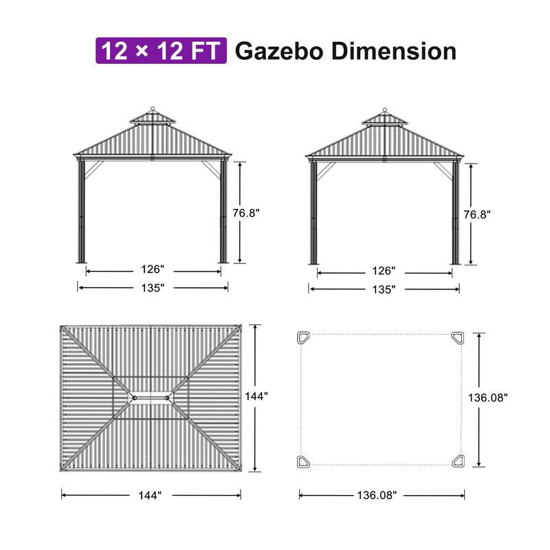 PURPLE LEAF Hardtop Aluminum Gazebo with Curtains and Netting, Double Roof Patio Gazebo
