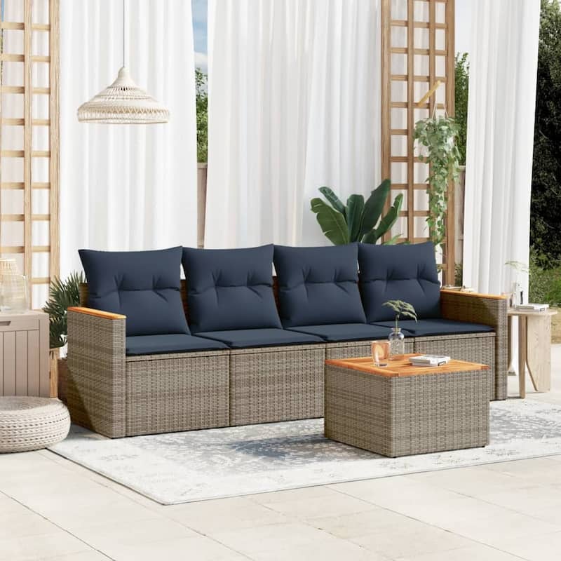 vidaXL Patio Sofa Set with Cushions Outdoor Conversation Furniture Poly Rattan - 21.7x 24.4x 27.2 - Grey and Blue-With table