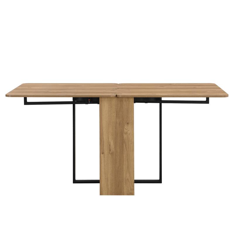 Modern 5-Piece Extendable Dining Table Set, 63" Kitchen Foldable Wooden Table with Lower Storage Shelf and 4 PU Leather Chairs