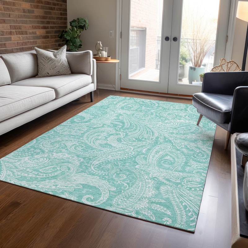 Machine Washable Indoor/ Outdoor Chantille Paisley Traditional Rug - Teal - 10' x 14'