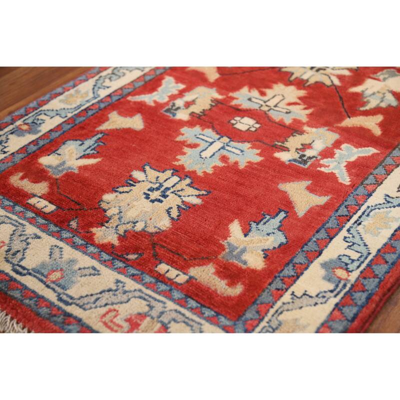 Traditional Kazak Rug Hand-Knotted Oriental Red Wool Carpet - 2'0"x 3'0"