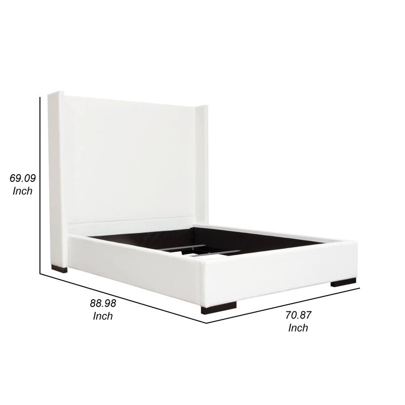 Boa Queen Size Bed w Vintage Wing Headboard, White Linen Upholstery