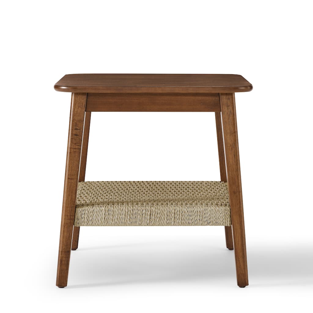 23" Boho Side Table With Storage Mid-Century Side Table With Woven Shelf Bedside Tables For Living Room Couch Bedroom
