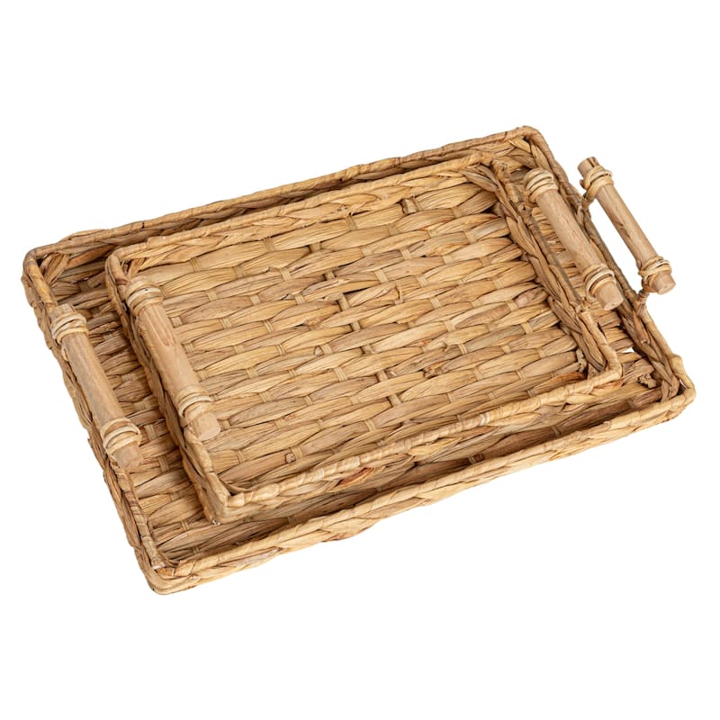 Household Essentials Handwoven Water Hyacinth Tray Set with Wood Handles, Set of 2 - Natural