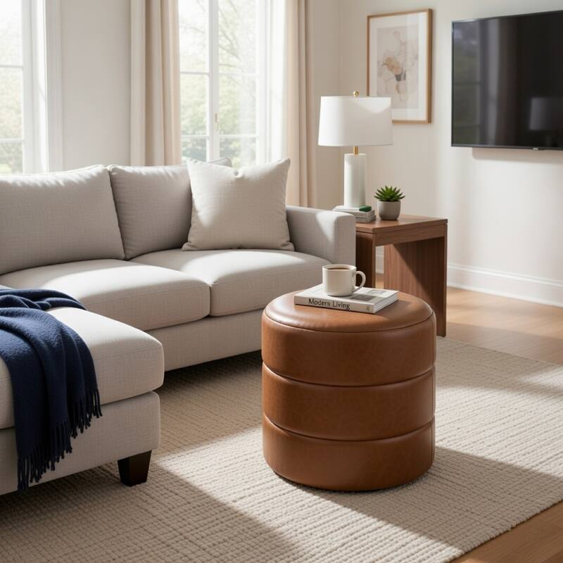 Sem Round Accent Ottoman, Brown Channel Tufted Faux Leather 18 Inch