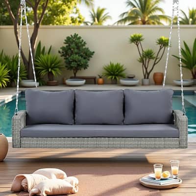 PE Wicker 3-Person Porch Swing with Includes Cushions and Chains, 800lb Capacity