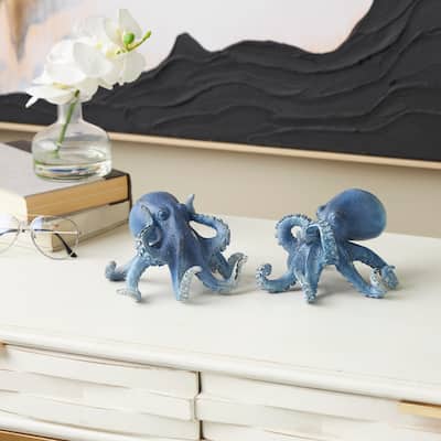 Dark Blue Polystone Small Distressed Octopus Decorative Sculpture (Set of 2)