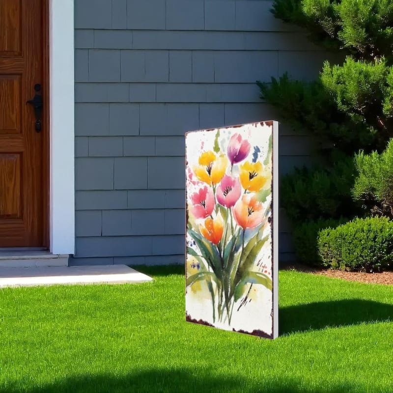 HomeRoots 10" Green Pink White And Yellow Solid Wood Tulips Garden Stake - Green/White/Pink - Wood