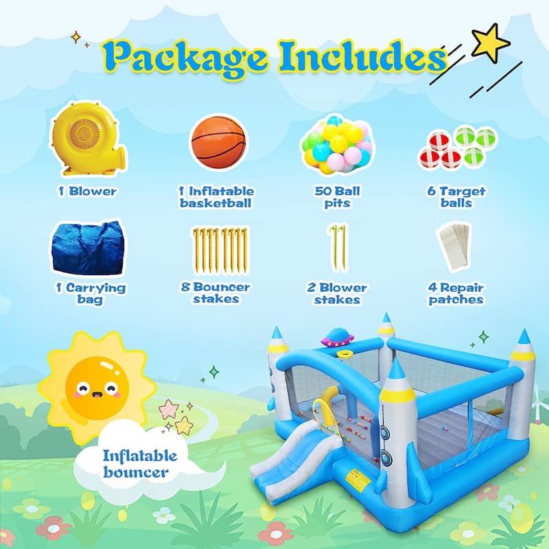 Kids Inflatable Bounce House With Long Slide Bouncing Area Basketball Hoop Family Backyard Bouncy Castle - Colorful