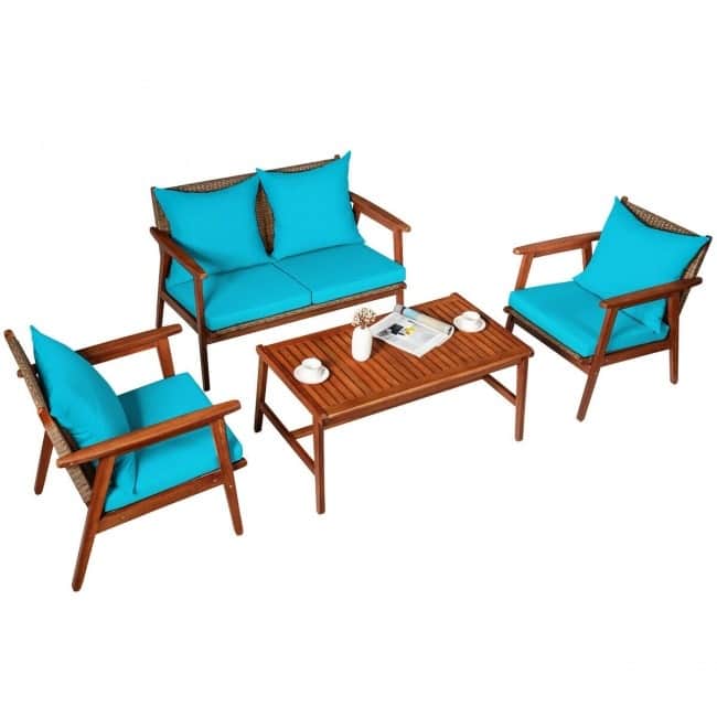 4 Piece Acacia Wood Patio Rattan Furniture Set with Cushions - 45" x 27.5"x 29.5" (L x W x H)