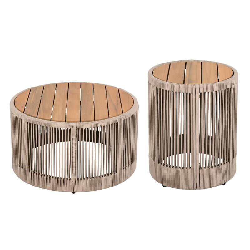 Rustic Industrial Table Set of 2,Coffee Table & Side Table with Woven Rope Design, Modern Functionality Stylish Table Set