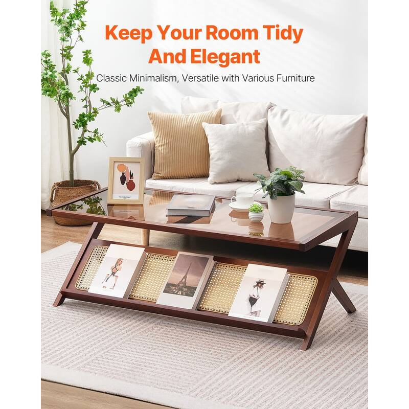 47-Inch Z-Shaped Rattan Woven Coffee End Table with Removable Glass Top Suitable for Any Small Space - 47.2” x 22” x 17.1”