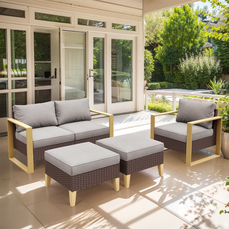 4 Piece Outdoor Patio Loveseat Chair Ottoman Sets - Beige - Brown