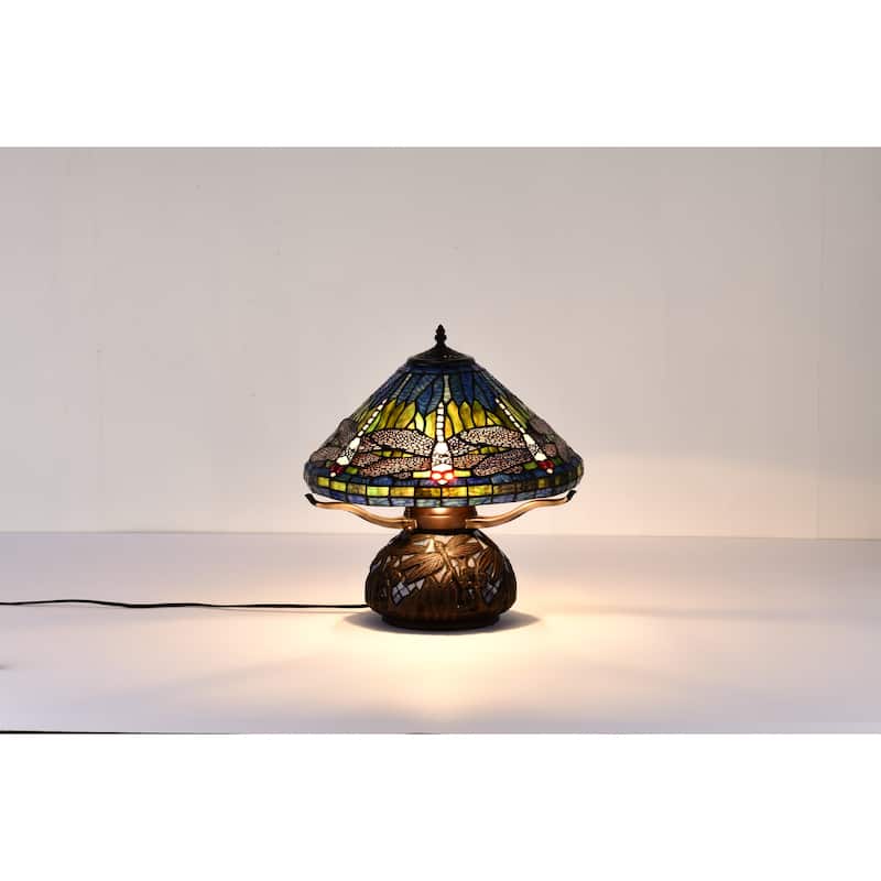 Shulba Dragonfly Base and Shade 2-Light Table Lamp Blue Tiffany Style Glass