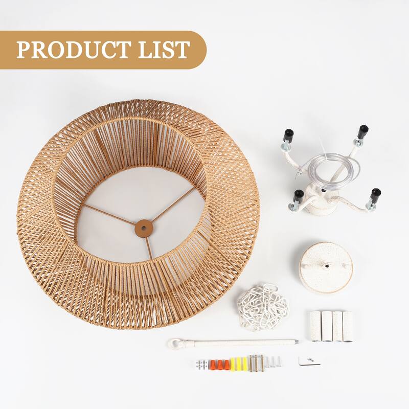 4-Light Dimmable Pendant Light, Paper Rattan Lampshade Candle Chandelier for Living Room with no bulbs included - Distressed White and Brown