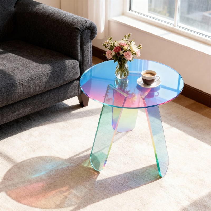 Acrylic Coffee Side Table Round Iridescent Rainbow End Table with PVC Table Cover