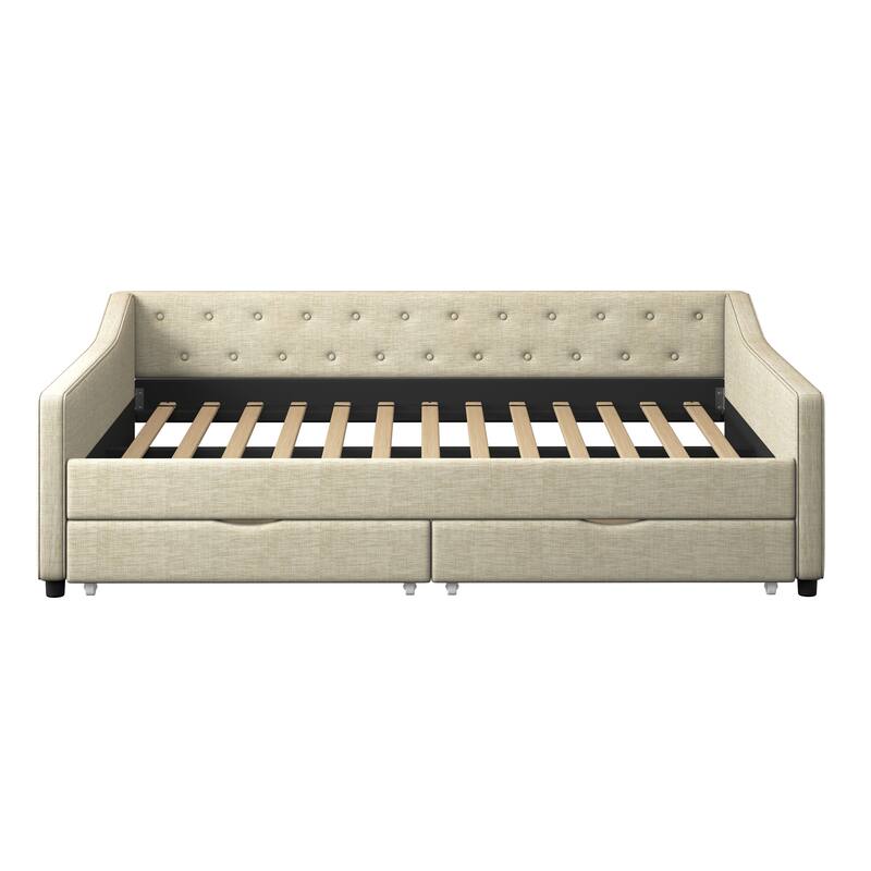 Modern Sofa Bed with Two Large Storage Drawers and Waved Arms Design