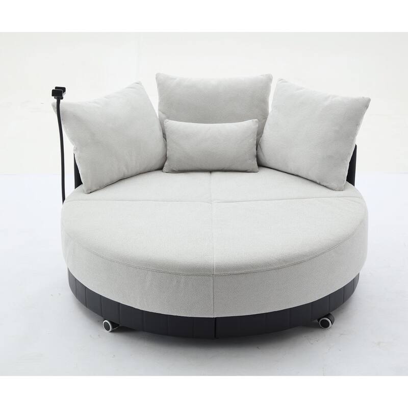 360° Swivel Barrel Chair Round Sofa Chair with Casters and Adjustable Phone Stand, Upholstered in Anti-Wrinkle Polyester Fabric