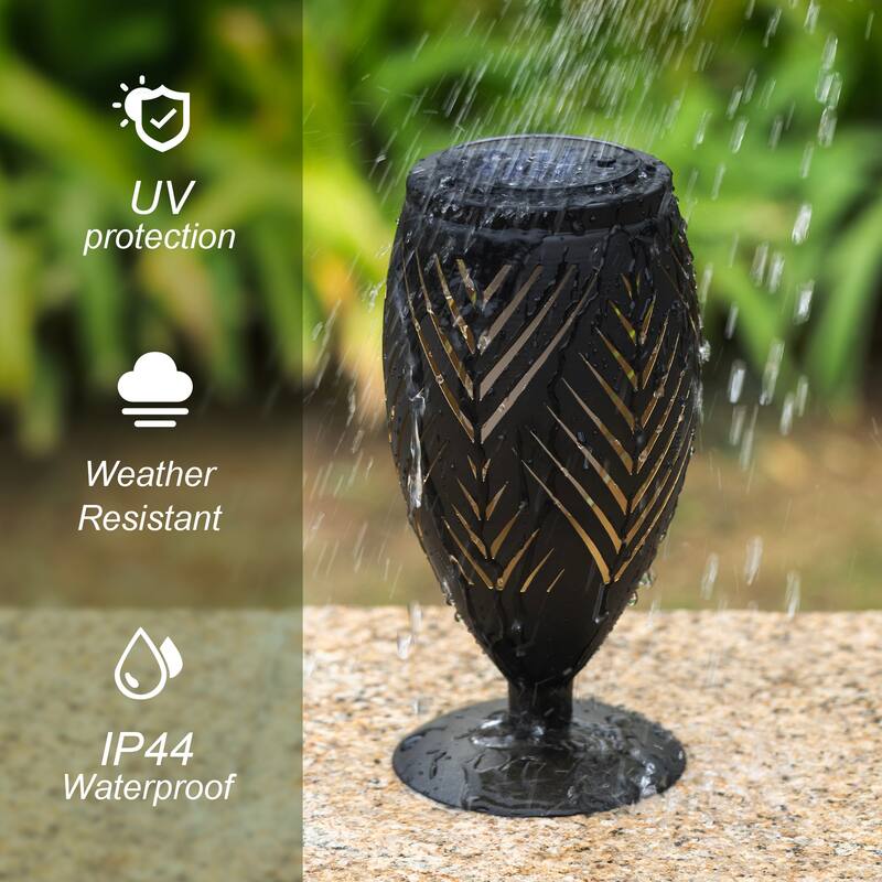 Glitzhome 8.75"H Set of 2 Black Metal Cutout Geometric Pattern Solar Powered Outdoor Lantern with LED Light