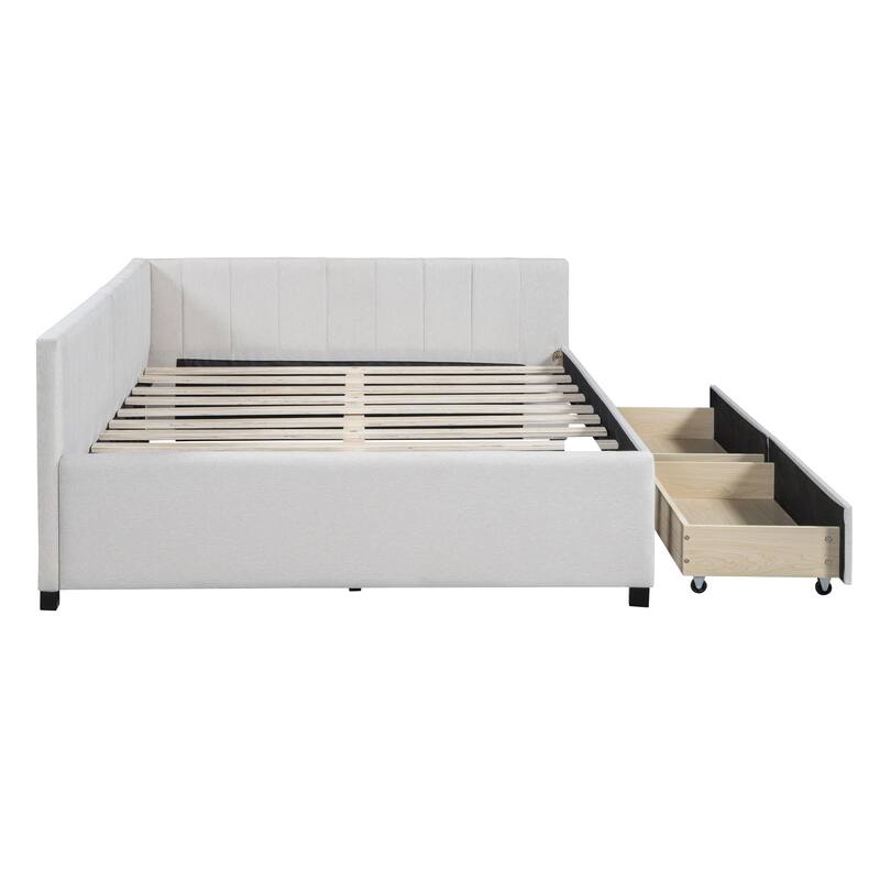 L-Shaped Backrest Daybed Upholstered Daybed Frame Classic Wood Slats Design with 2 Storage Drawers or Trundle, Full Size