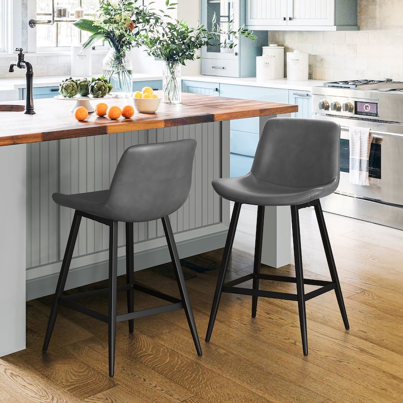 Modern Industrial Counter Stools Faux Leather Upholstered Counter Height Bar tools with Back - Set of 2 - Dark Grey-24 in. - Counter Height