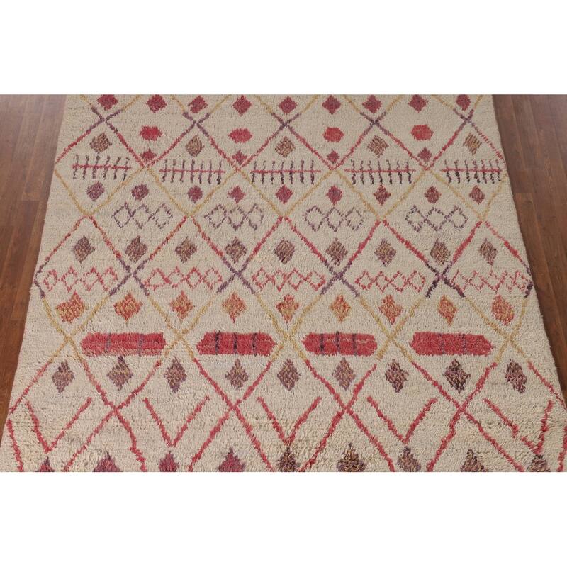 Tribal Moroccan Area Rug Handmade Beige Wool Carpet - 7'0" x 10'4"