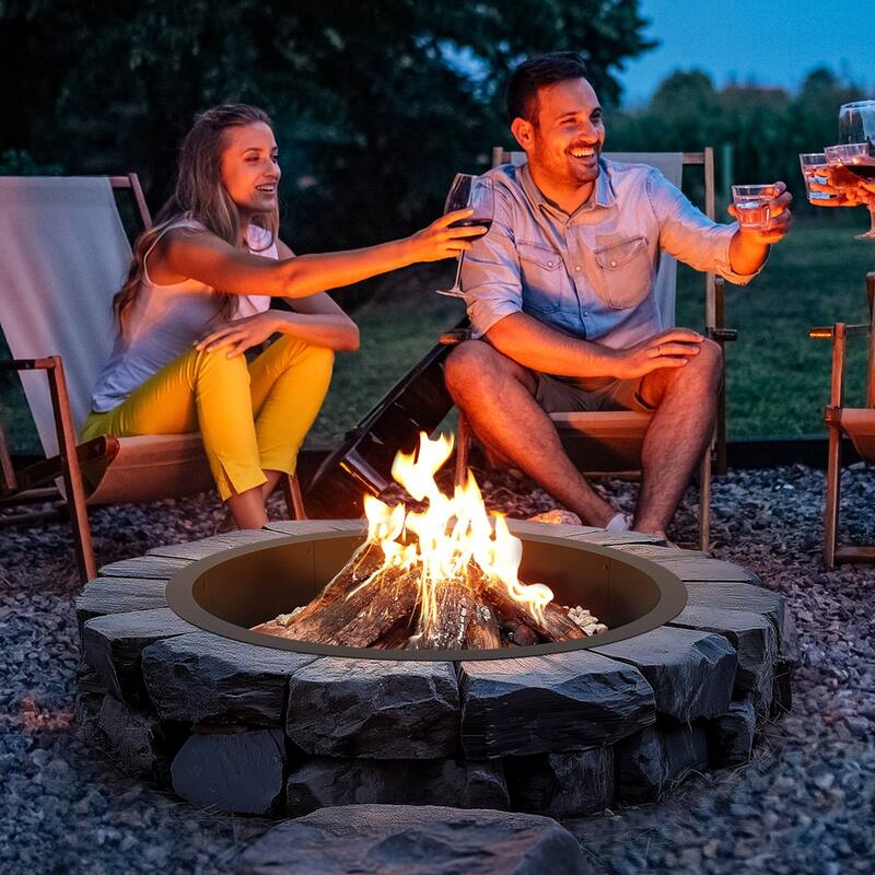 Black Carbon Steel Round Ring Fire Pit Perfect for Outdoor Special Events or Holiday Gatherings