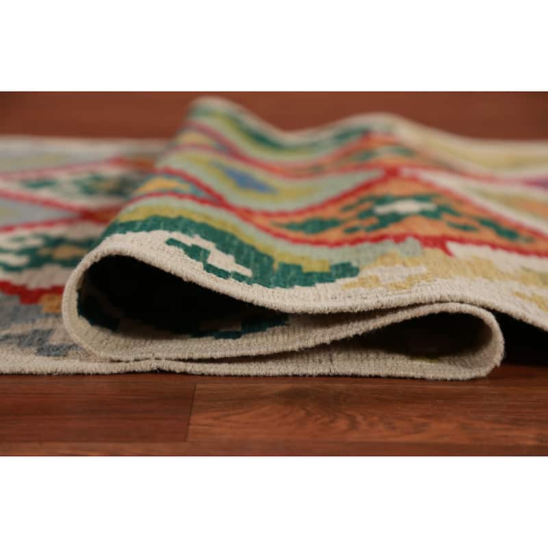 Hand Woven Oriental 100% Wool Carpet Southwestern Geometric Multi-Colored Kilim Runner Rug - 16' 1'' X 2' 9''