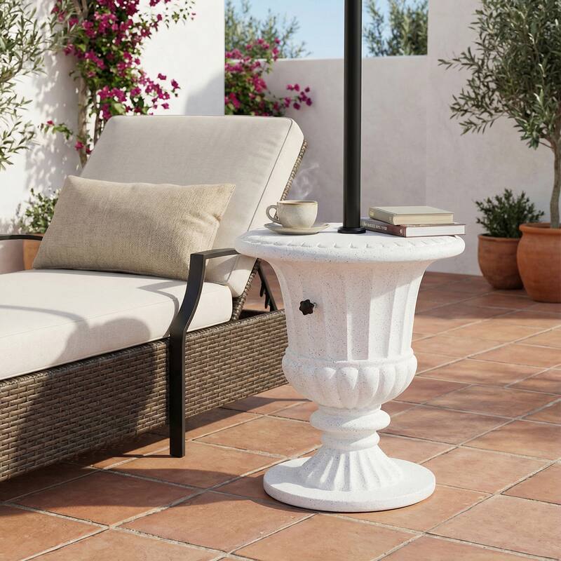 Roomfitters Adela Outdoor Patio Side Table Umbrella Base with Sand Filling Design, MGO White Marble Finish
