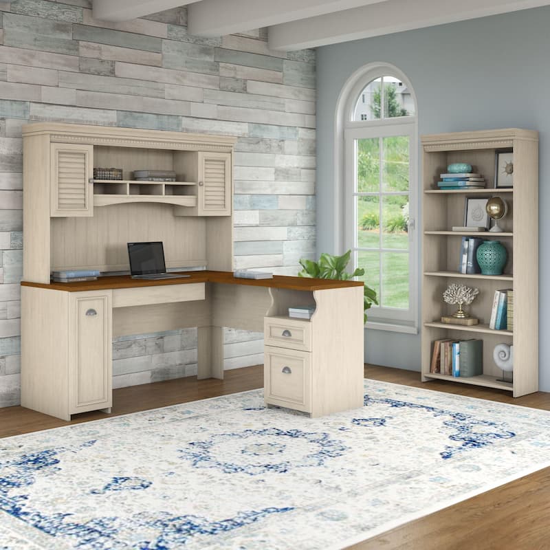 Fairview 60W L Shaped Desk with Hutch and Bookcase by Bush Furniture - Antique White