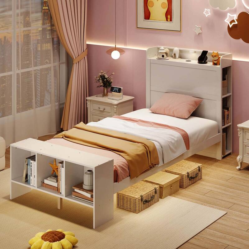 Costway Twin/Full Size Bed Frame with Storage Headboard & Footboard