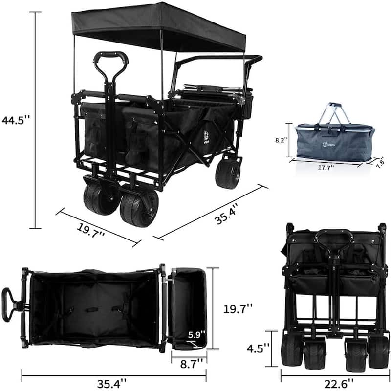 Deluxe 140L Collapsible Wagon with Removable Canopy & Cooler Bag - All-Terrain Wheels with Brake