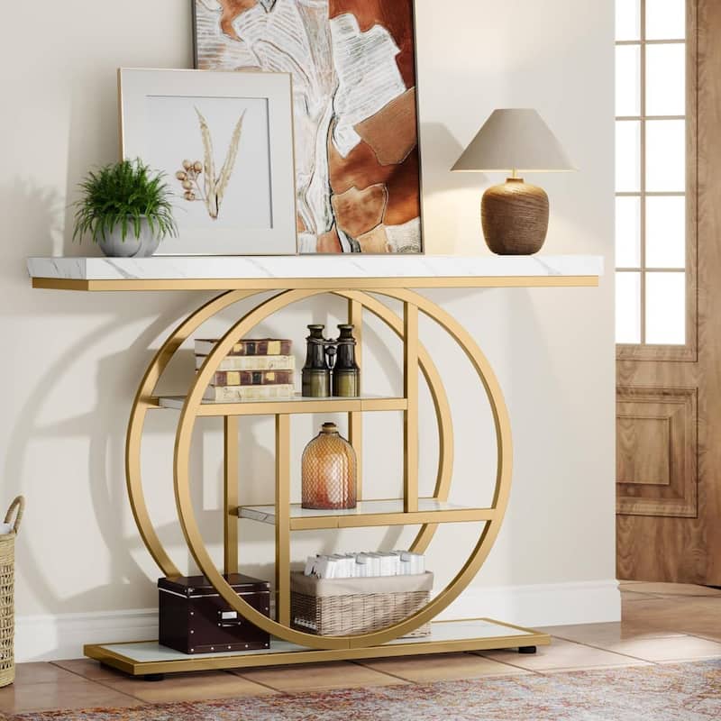 White Gold Engineered Wood Console Table with Metal Frame and Two-Tier Shelves - 11.81"W x 41.34"L x 31.5"H