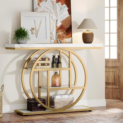 White Gold Engineered Wood Console Table with Metal Frame and Two-Tier Shelves - 11.81"W x 41.34"L x 31.5"H