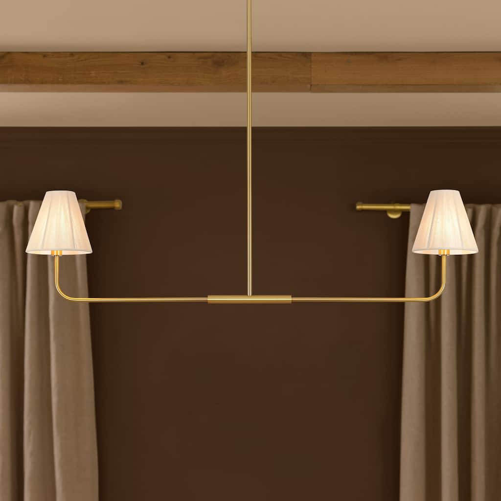 Rennnsan 2-Light Farmhouse Gold Linear Cone Fabric Pendant Light Kitchen Island Lighting - 48 in. W x 7 in. D x 11.6 in. H