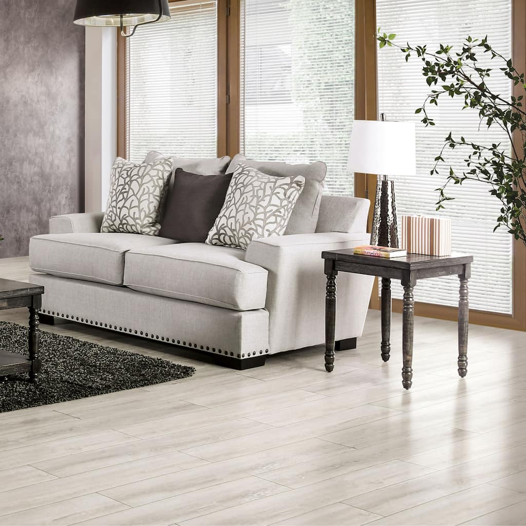 Bule Transitional Light Grey Upholstered Nailhead Loveseat with Pillows by Furniture of America