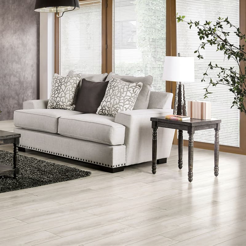 Bule Transitional Light Grey Upholstered Nailhead Loveseat with Pillows by Furniture of America - Light Grey/Charcoal with Care Kit