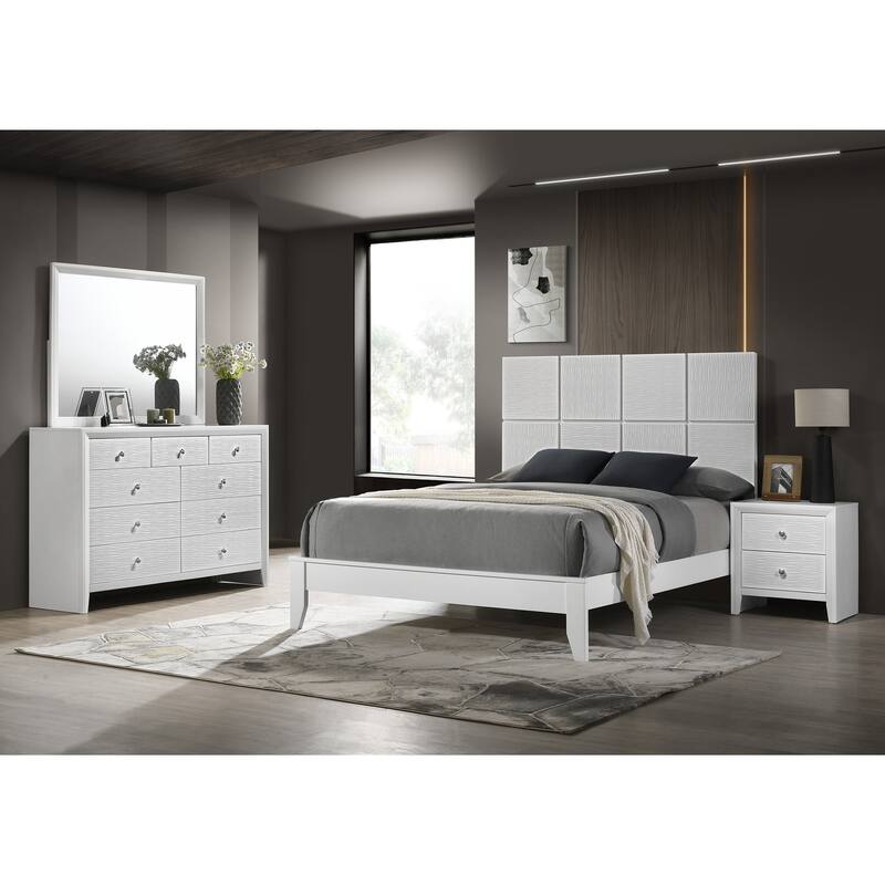 Queen Size Contemporary Bed with Geometric Headboard in Crisp White