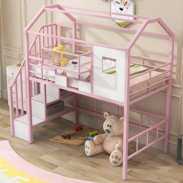 slide 2 of 28, Twin Loft Bed with Roof, Storage Box, Integrated Ladder & Safety Guardrails, Pink Pink