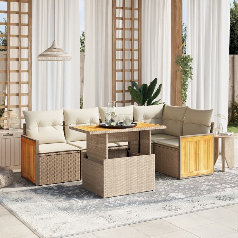 vidaXL Patio Sofa Set with Cushions Outdoor Furniture 6 Piece Poly Rattan - Beige and cream - 91.0 x 91.0 x 28.7 in